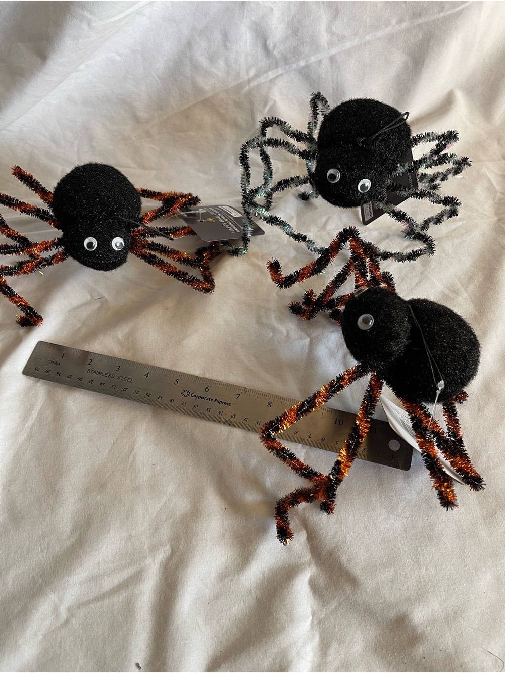 3 Vintage Posable Spiders With Black Netting for web Halloween Decor Props
